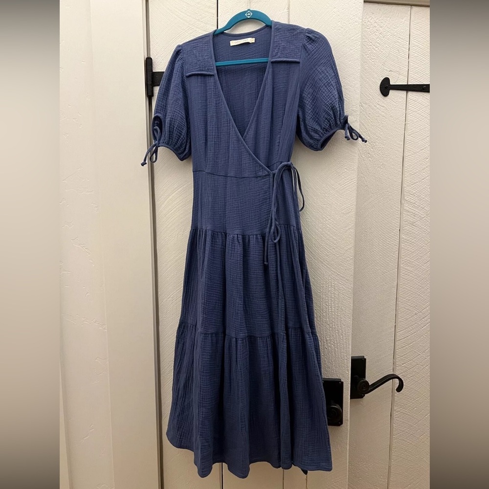 NWT Christy Dawn Augusta Wrap Dress Blue Organic Cotton Small Maxi Short Sleeve